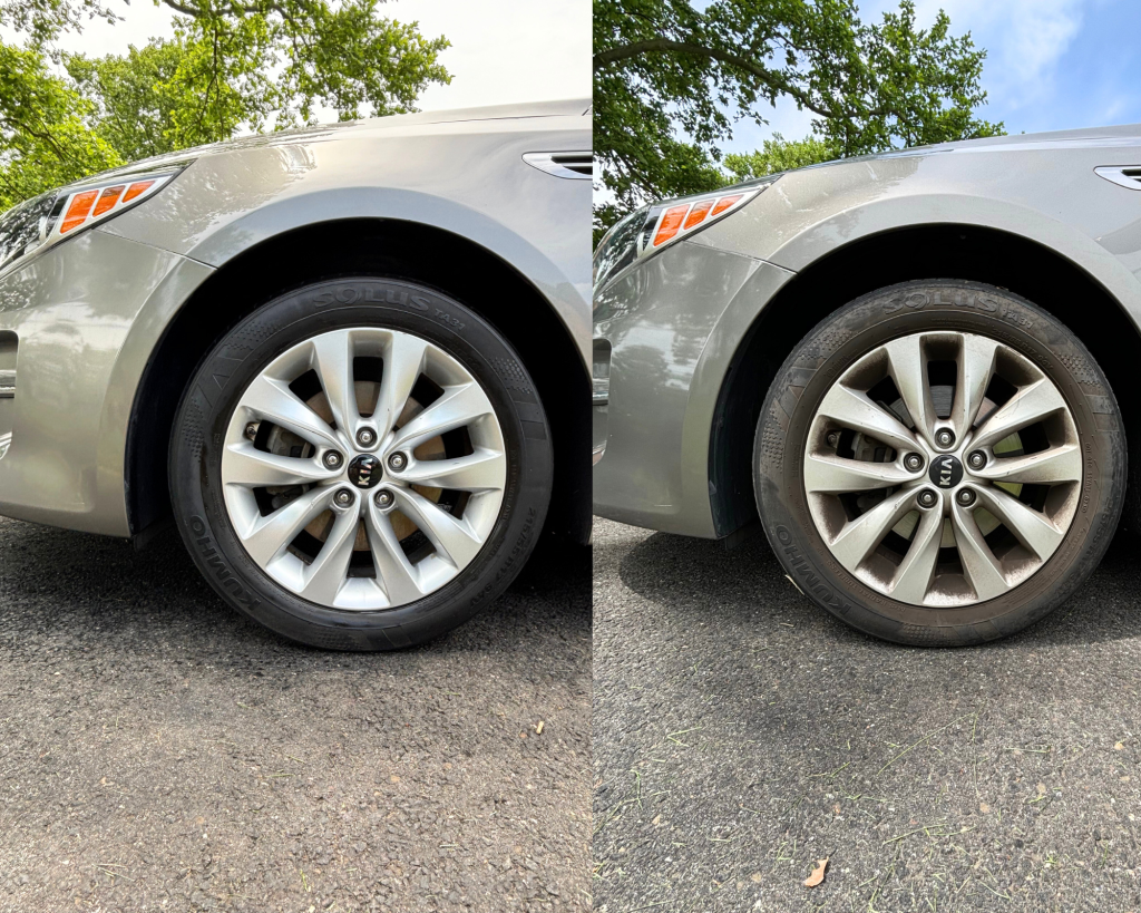 Before and after image of a Kia wheel detail showing a dramatic transformation from dirty and dull (right) to clean and glossy (left), performed by HH Premium Detailing.