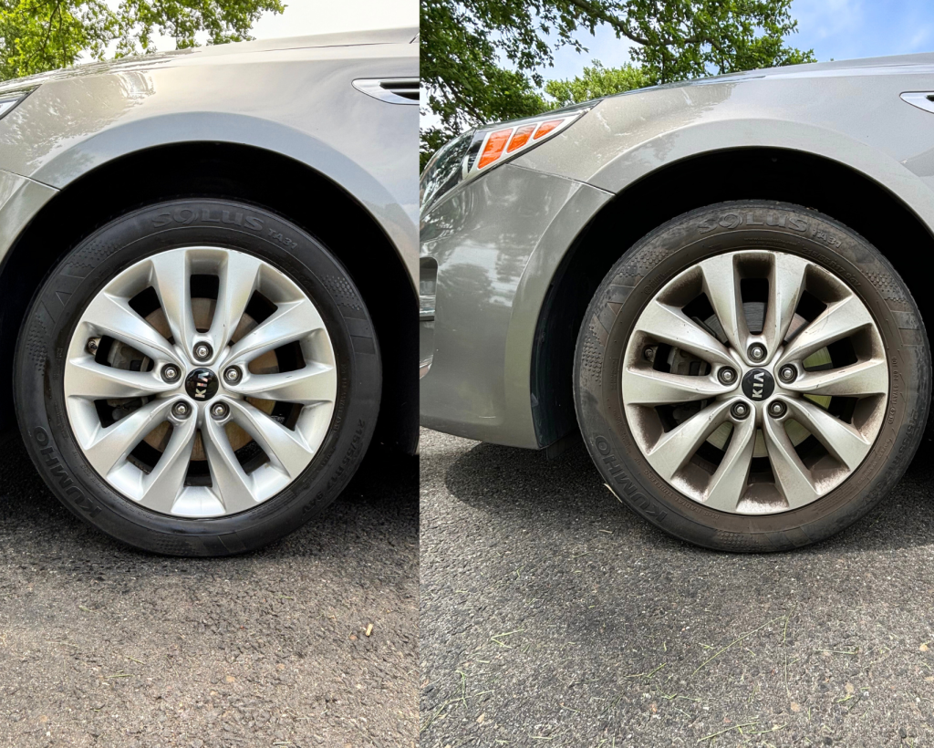 Before and after image of a Kia wheel detail showing a dramatic transformation from dirty and dull (right) to clean and glossy (left), performed by HH Premium Detailing.