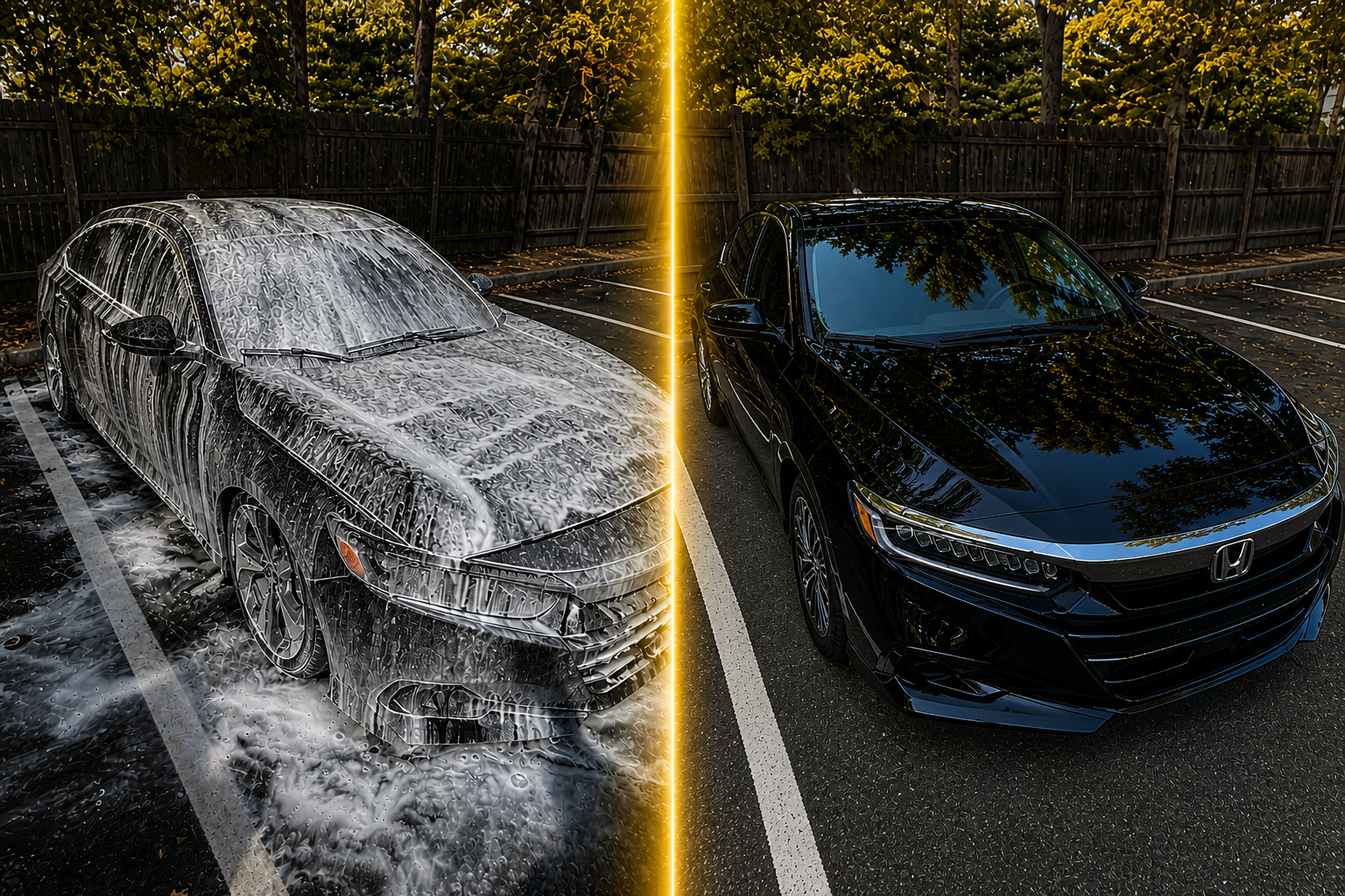 Before and after car detailing showing a foam-covered vehicle transformed into a clean, glossy black sedan with a reflective finish and sharp shine Before and after car detailing showing a foam-covered vehicle transformed into a clean, glossy black sedan with a reflective finish and sharp shine
